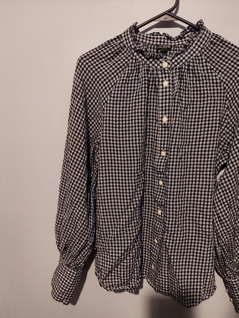 J. Crew Black Gingham Plaid Top Button Front Sz 12 Preppy Cottage Boho Prairie